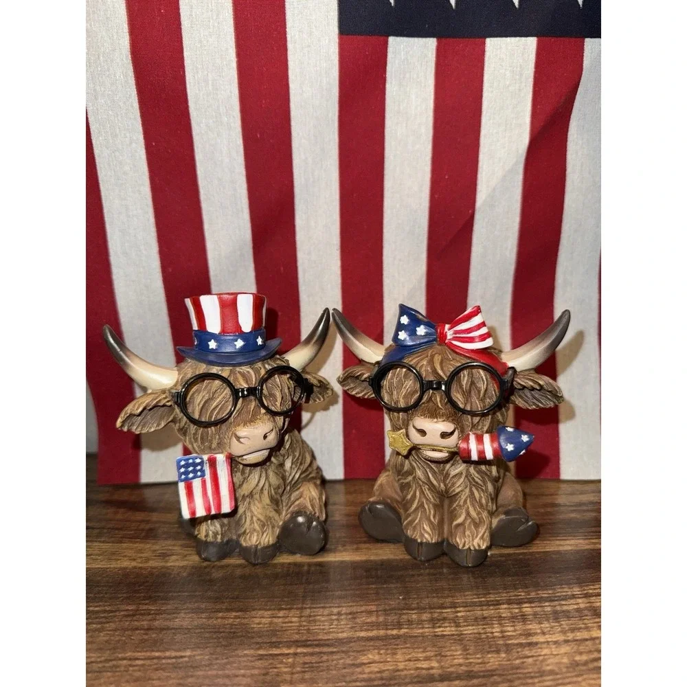 Patriotic Highland Cow Figurine Set‎ 4th Of July Bow Flag Fireworks Glasses New